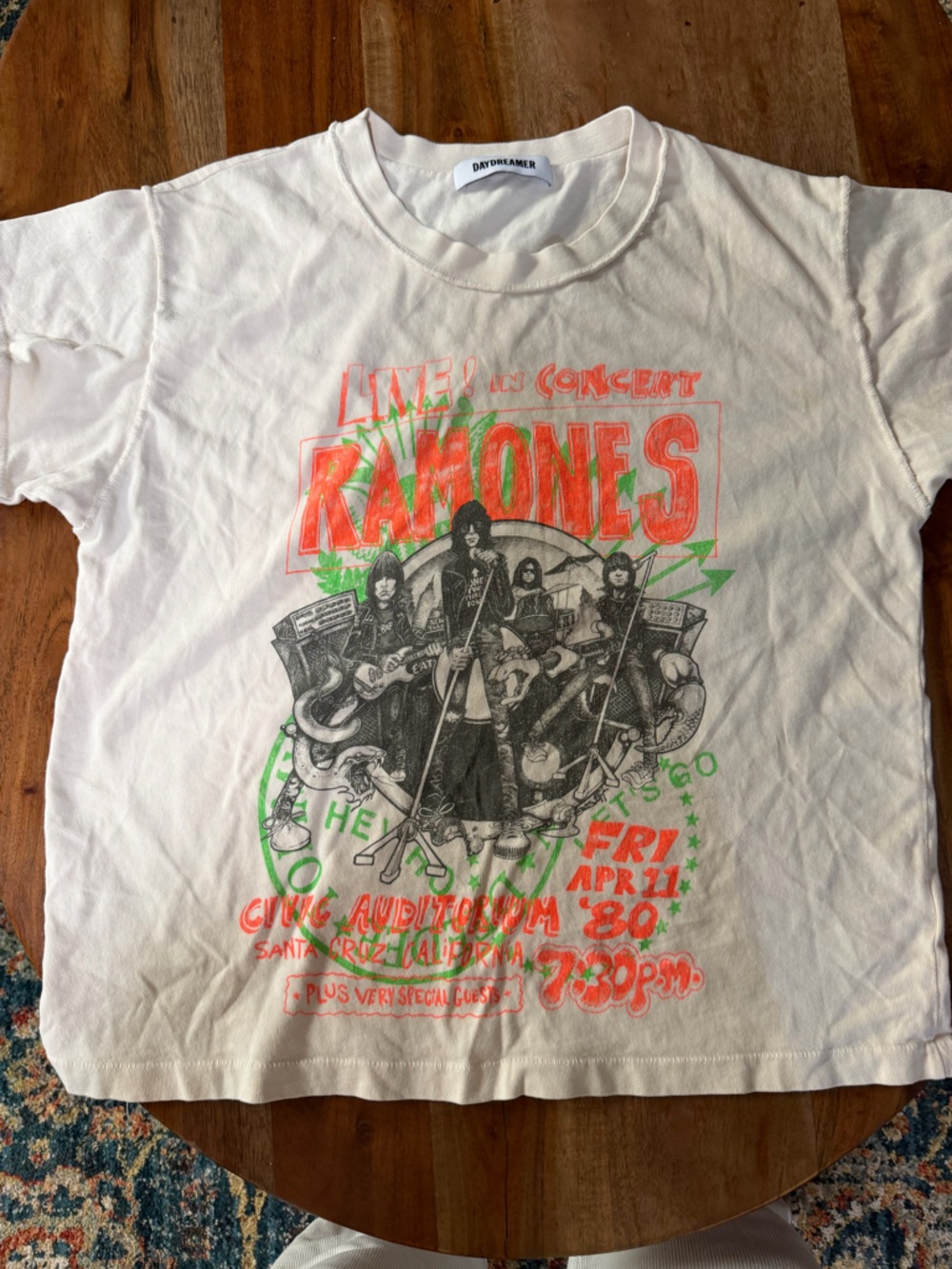 Daydreamer Ramones Vintage Style Concert Tee - White Neon Orange & Green Print